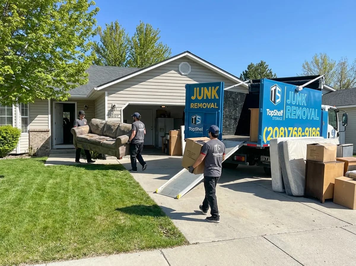 Top Shelf crew member loading rental property junk into the junk removal truck in Emmett Idaho