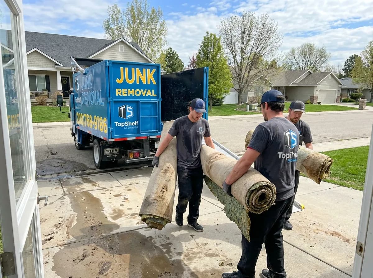 Top Shelf crew carrying rolled carpet to the junk removal truck during a carpet removal job in Boise Idaho