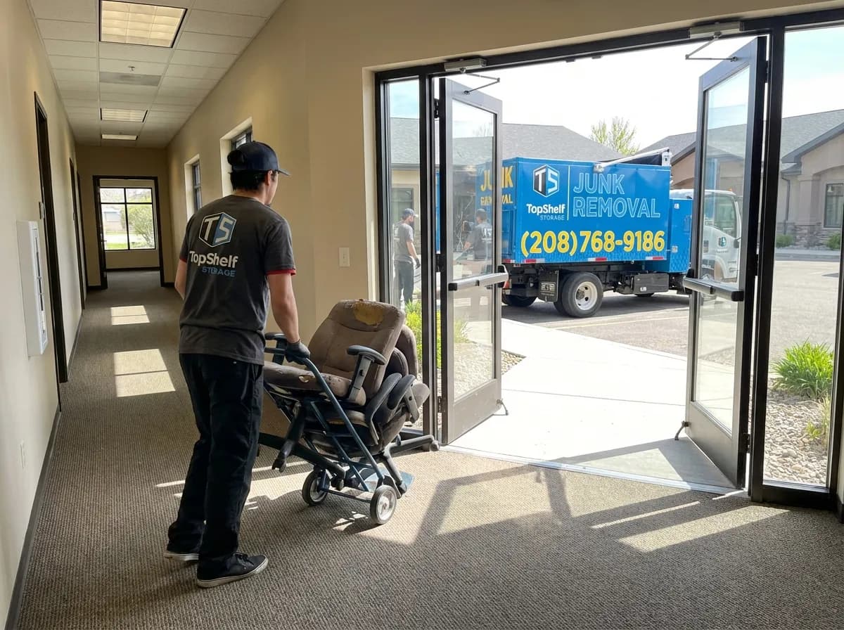 Office furniture and equipment removal by Top Shelf crew at a property in Kuna Idaho