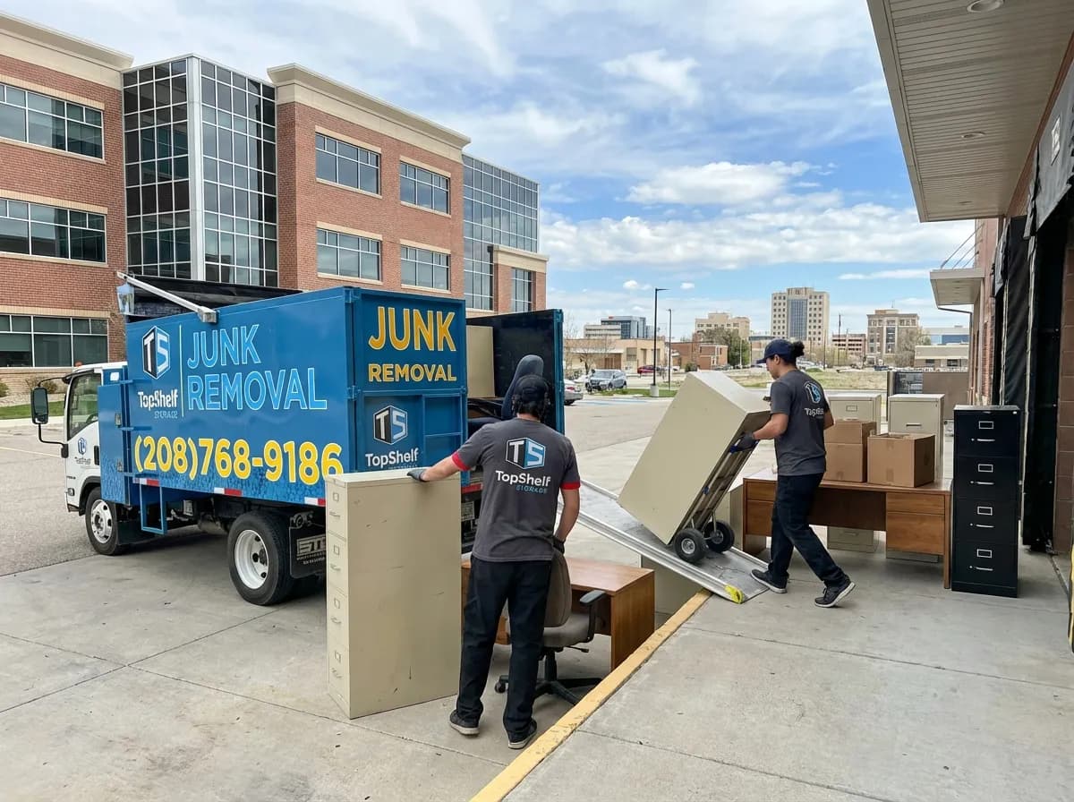 Top Shelf crew member loading office furniture and equipment into the junk removal truck in Star Idaho