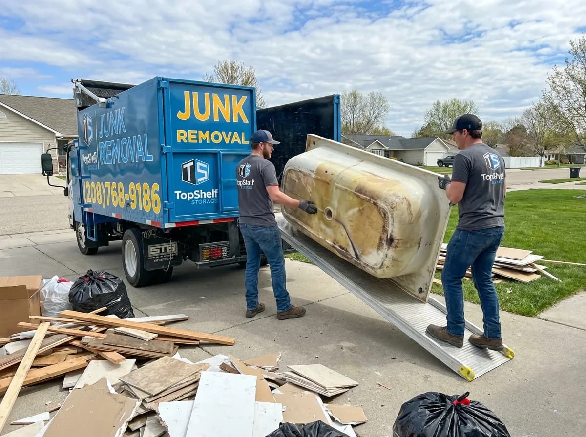 Top Shelf junk removal team hauling a bathtub to the branded truck in Emmett Idaho