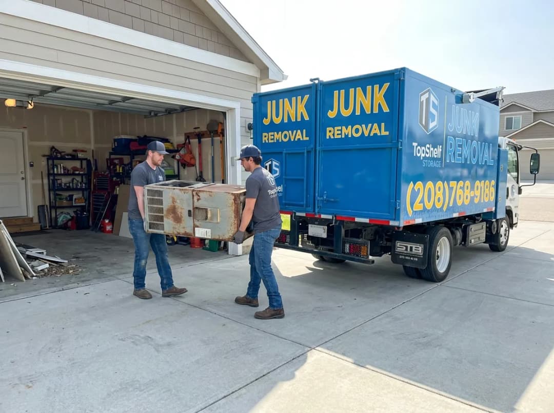 Top Shelf crew removing an old furnace from a residential property in Kuna Idaho