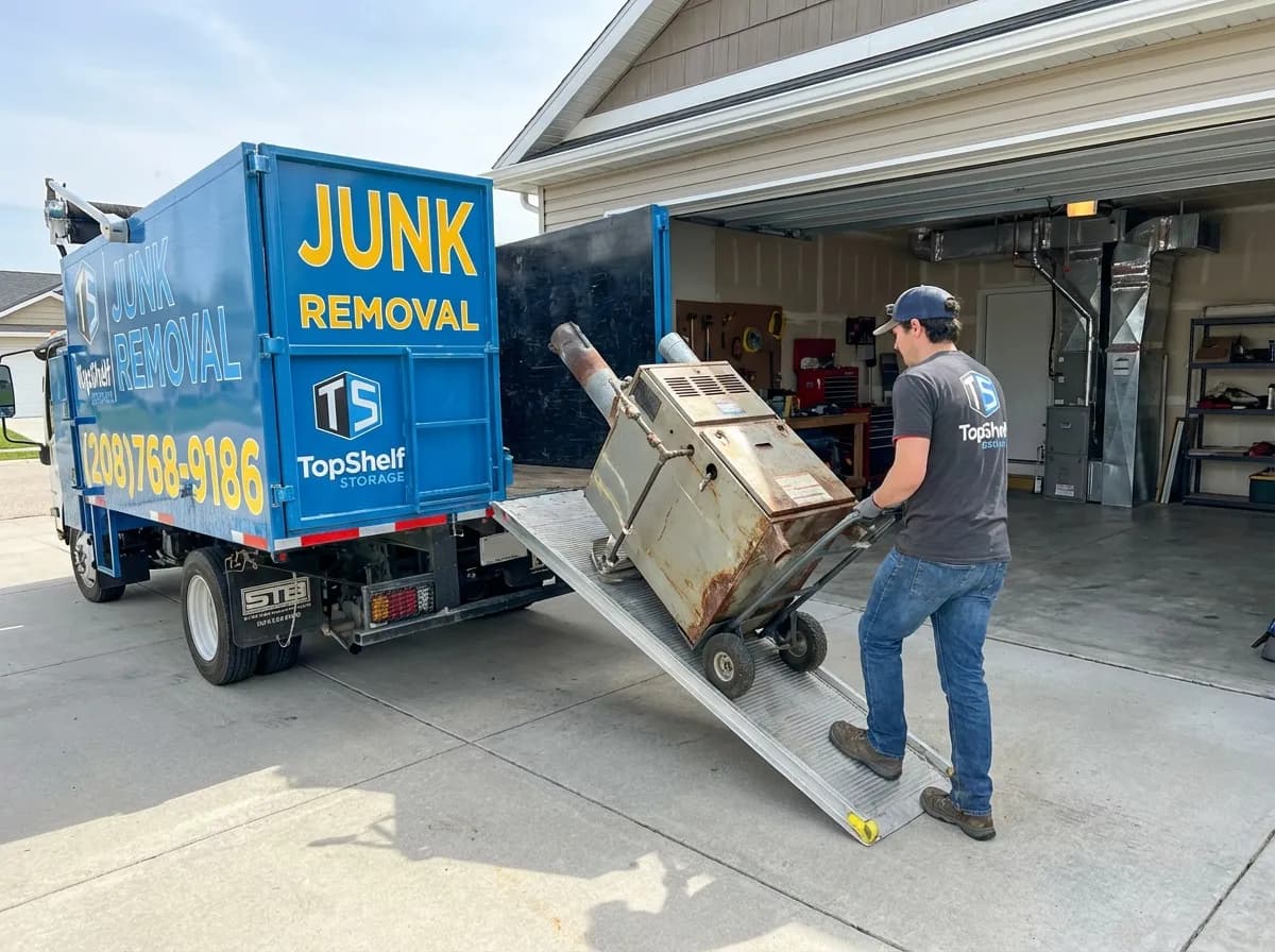 Top Shelf junk removal team hauling a furnace to the branded truck in Emmett Idaho
