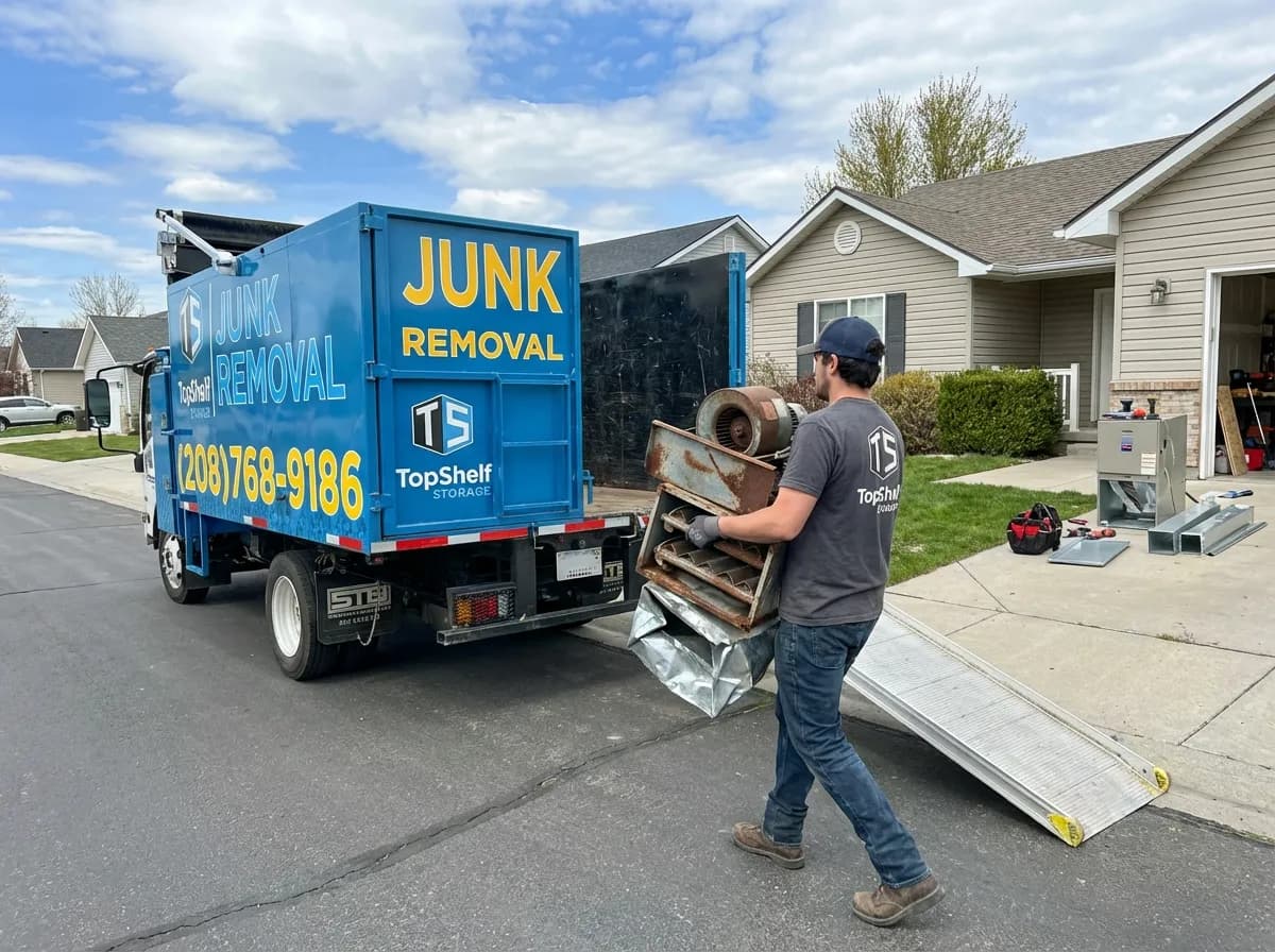 Top Shelf crew member loading a furnace into the junk removal truck in Kuna Idaho