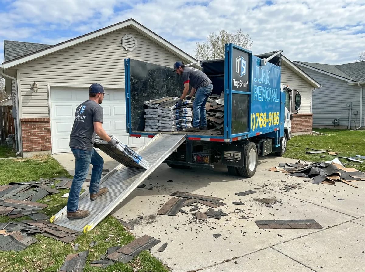 Top Shelf crew removing roof shingles from a residential property in Middleton Idaho
