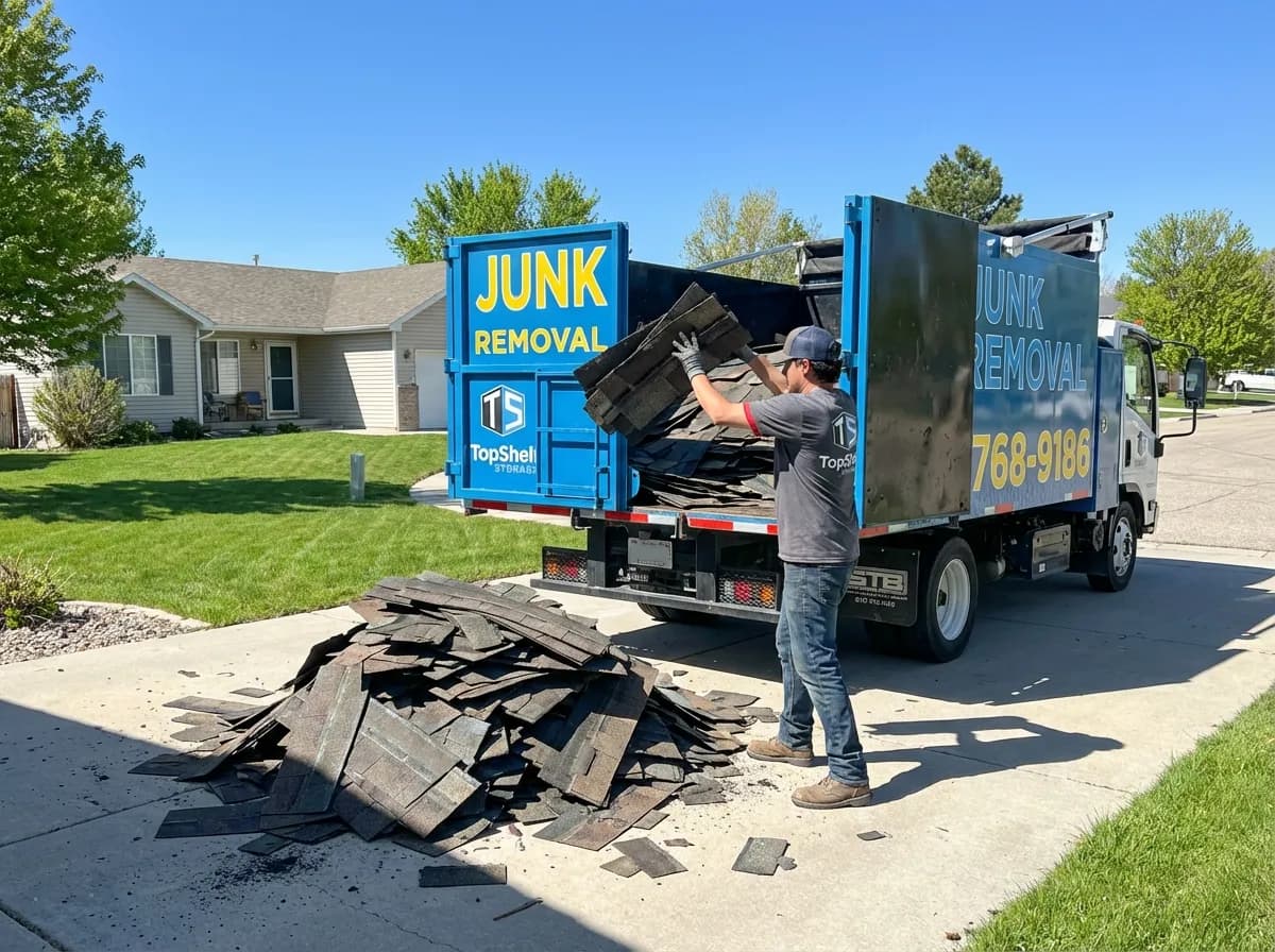 Top Shelf junk removal team hauling roof shingles to the branded truck in Boise Idaho