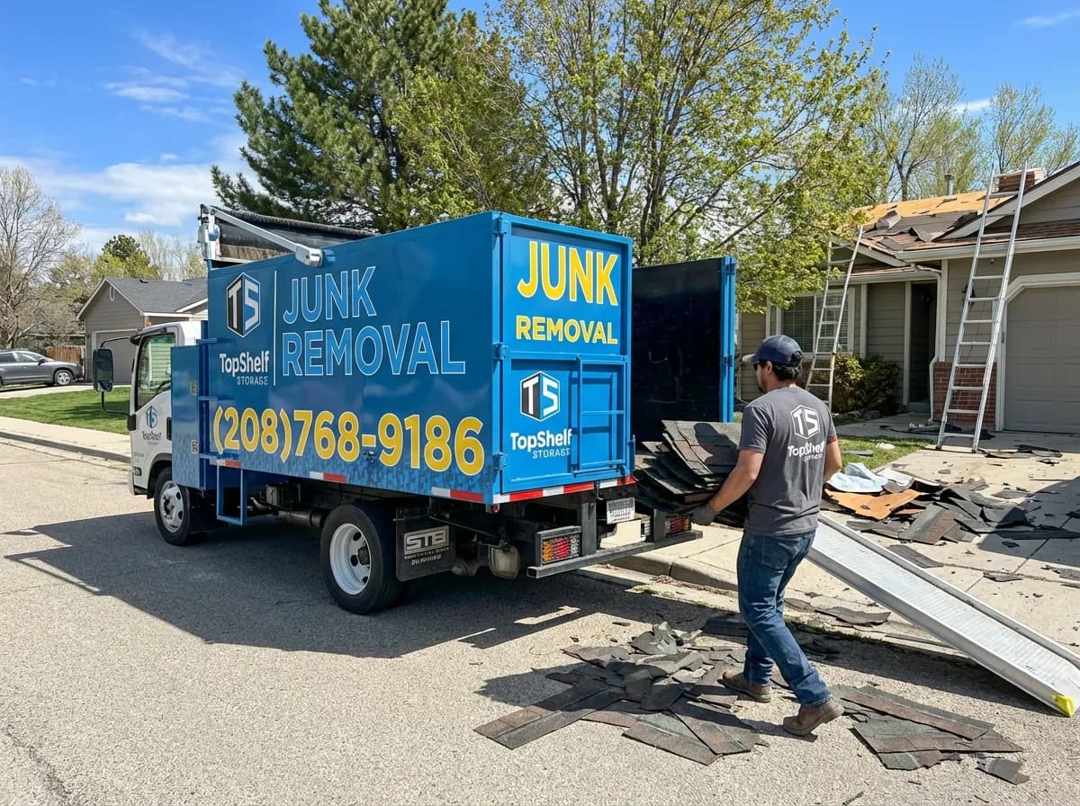 Top Shelf crew member loading roof shingles into the junk removal truck in Caldwell Idaho