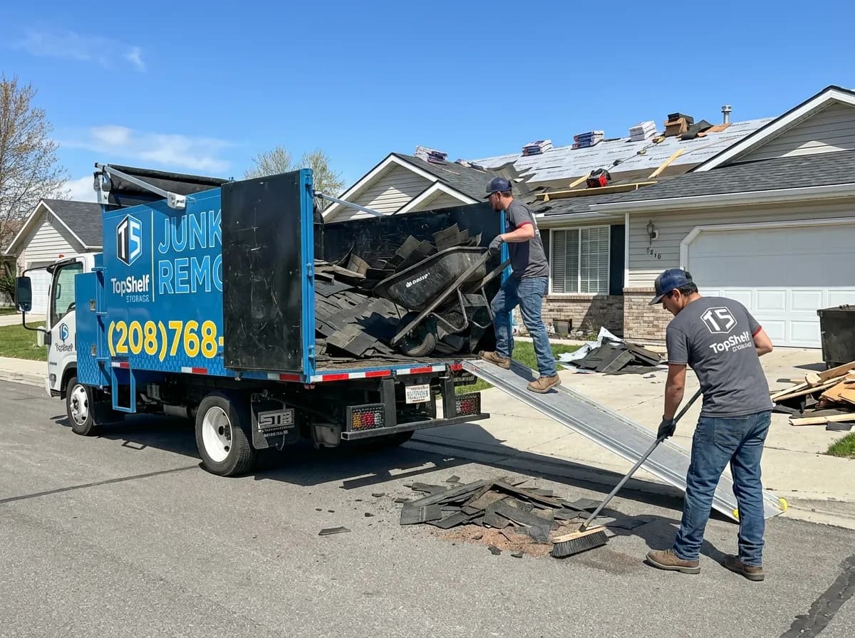 Professional shingle removal and haul-away by Top Shelf crew in Caldwell Idaho