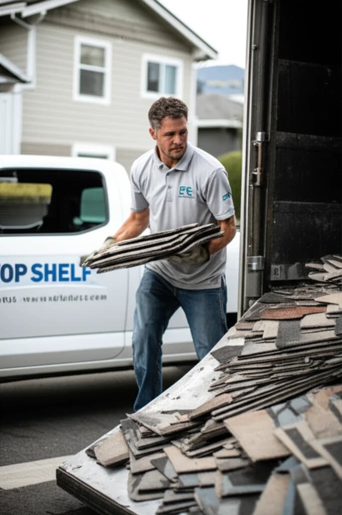 Professional crew loading old roofing shingles from a Boise Idaho home re-roofing project