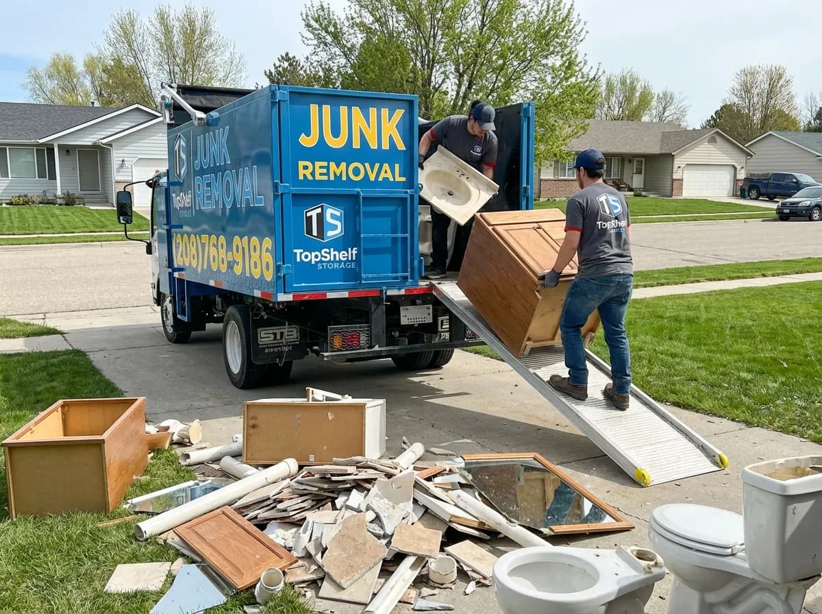 Top Shelf junk removal team hauling a sink to the branded truck in Eagle Idaho