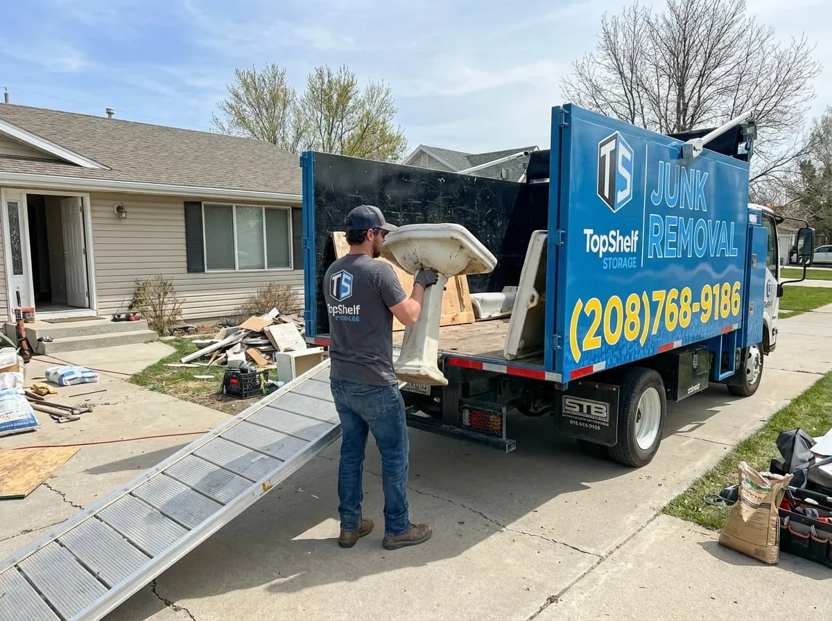 Top Shelf crew member loading a sink into the junk removal truck in Kuna Idaho