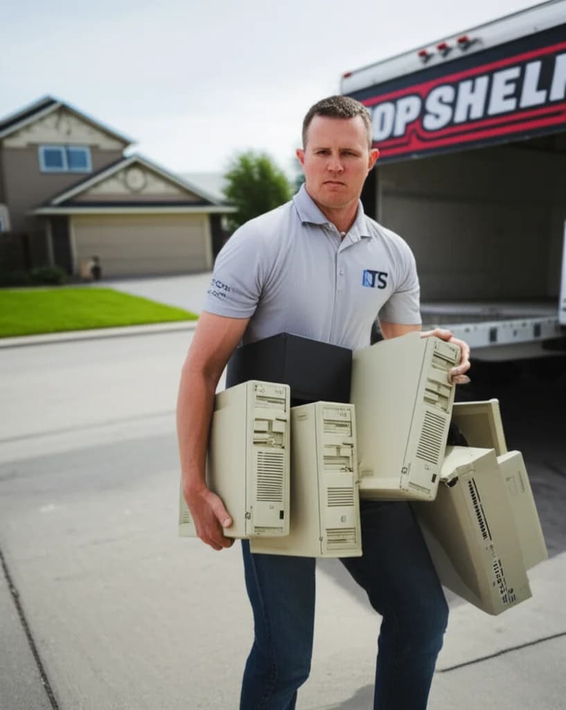 Professional worker loading old desktop computer tower into truck for e-waste recycling in Boise Idaho