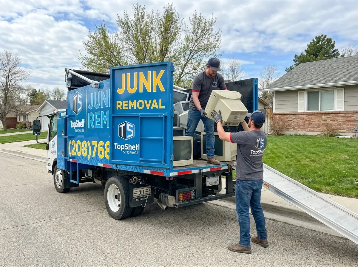 Top Shelf junk removal team hauling a computer monitor to the branded truck in Star Idaho
