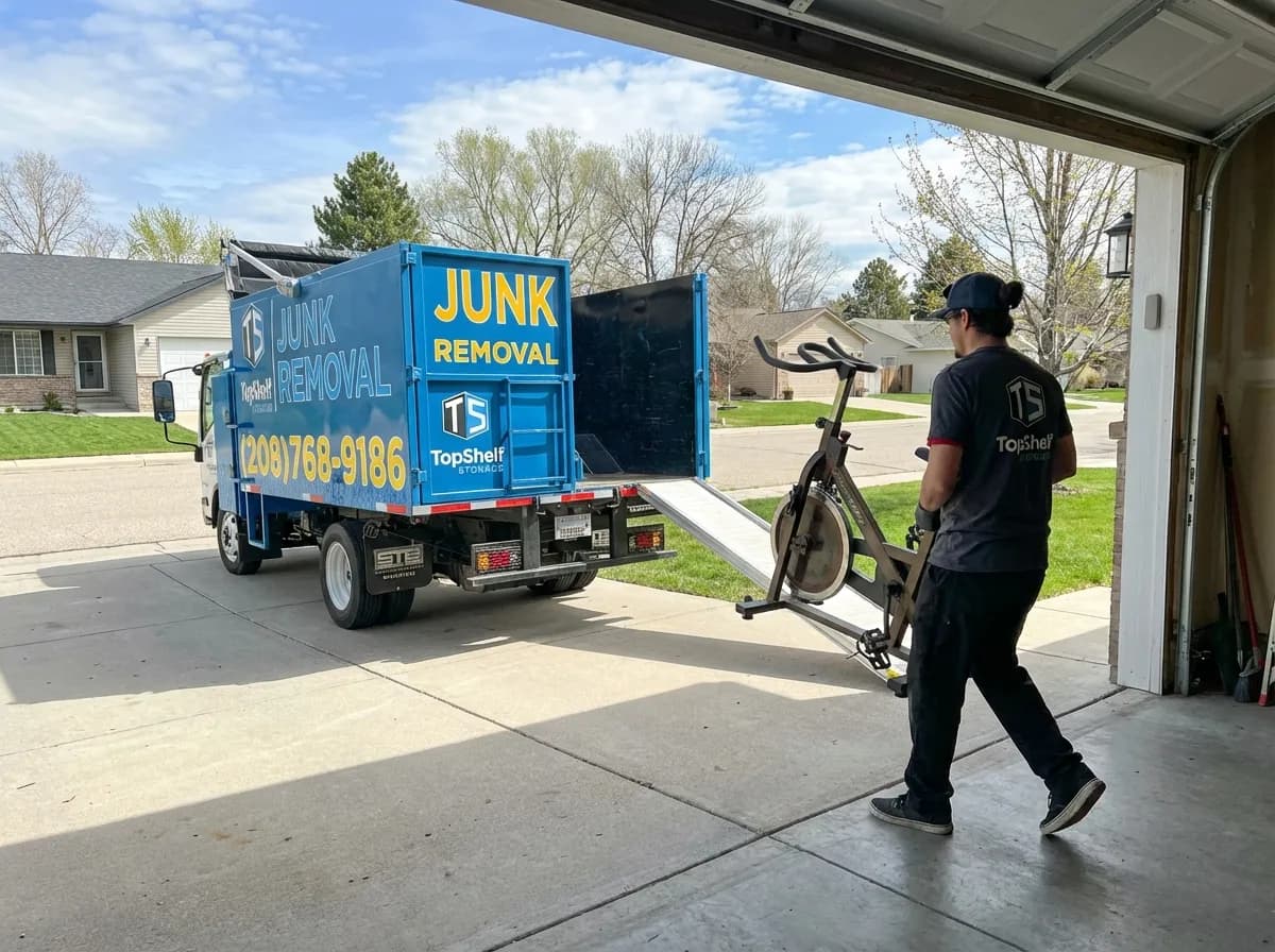 Top Shelf crew removing an exercise bike from a residential property in Middleton Idaho