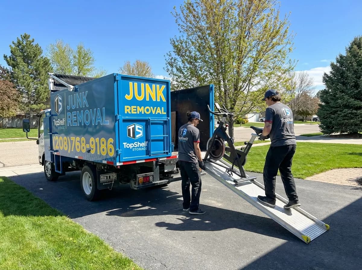 Top Shelf crew loading an exercise bike up the ramp into the junk removal truck in Boise Idaho