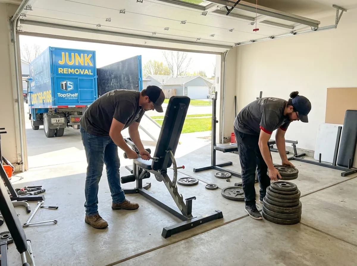 Top Shelf crew removing home gym equipment from a residential property in Boise Idaho