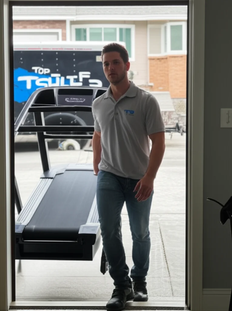 Professional workers removing large treadmill from a Boise Idaho home basement