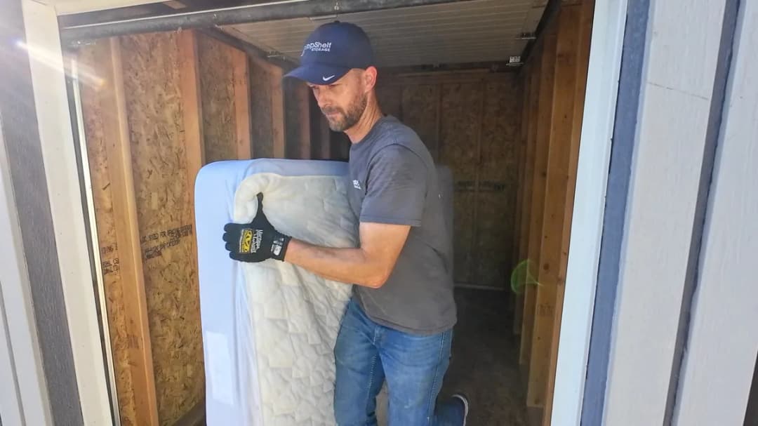 Top Shelf crew member in branded hat carrying a mattress out of a storage shed during a removal job in Kuna Idaho