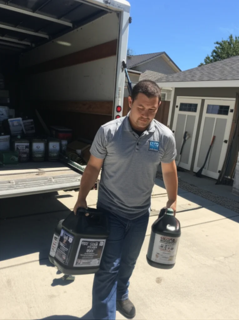 Professional worker safely removing motor oil containers from a Boise Idaho garage for proper disposal