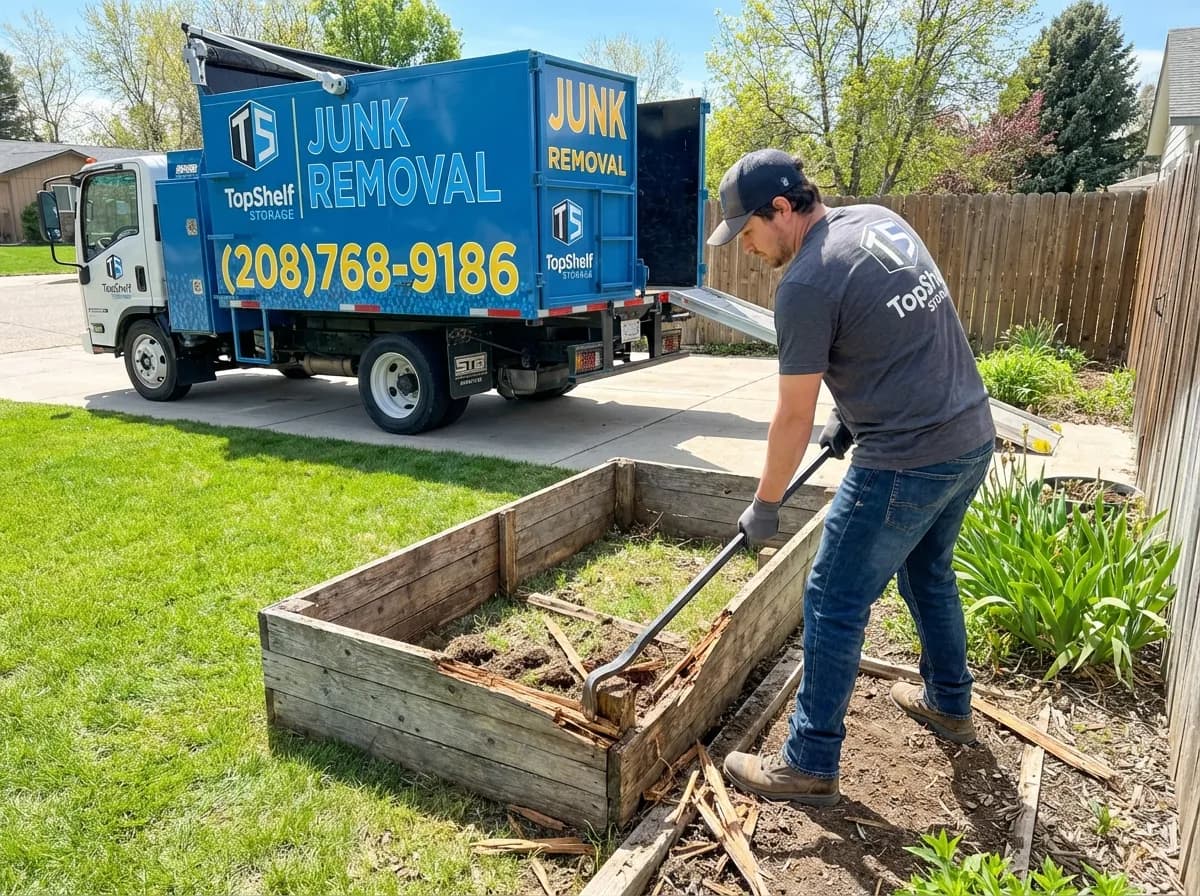 Top Shelf crew member loading a garden planter box into the junk removal truck in Middleton Idaho