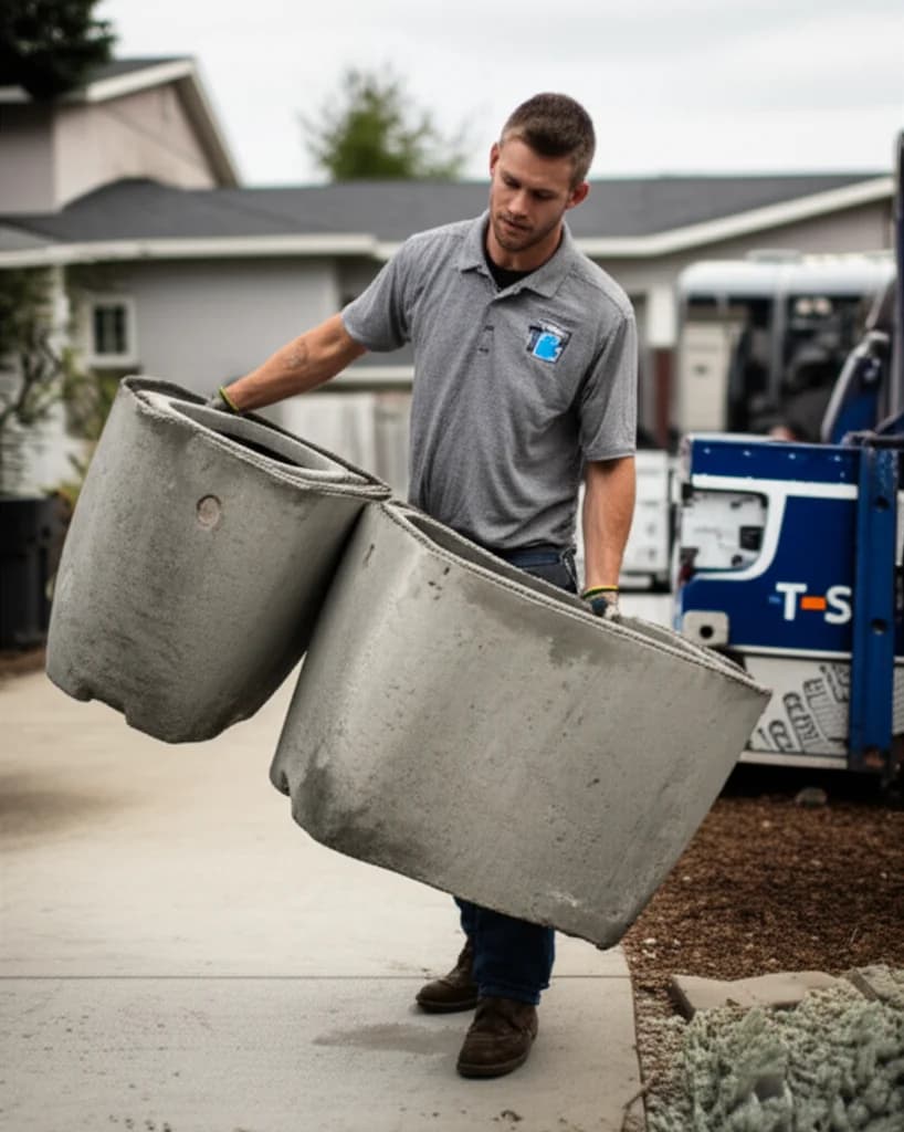 Professional crew removing large concrete planter box from backyard in Boise Idaho