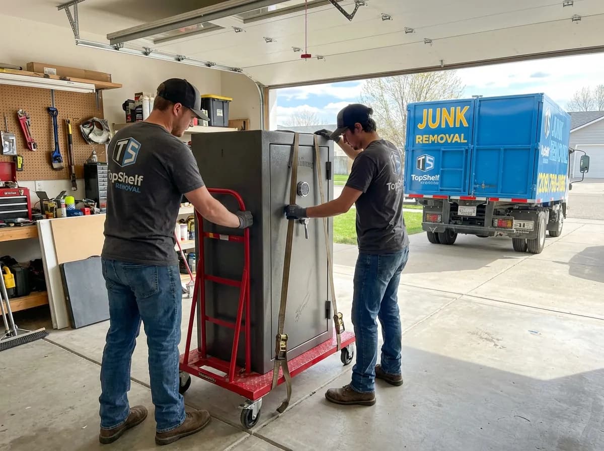 Top Shelf crew member loading a gun safe into the junk removal truck in Boise Idaho