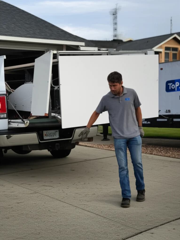 Professional crew removing old truck camper from backyard in Boise Idaho