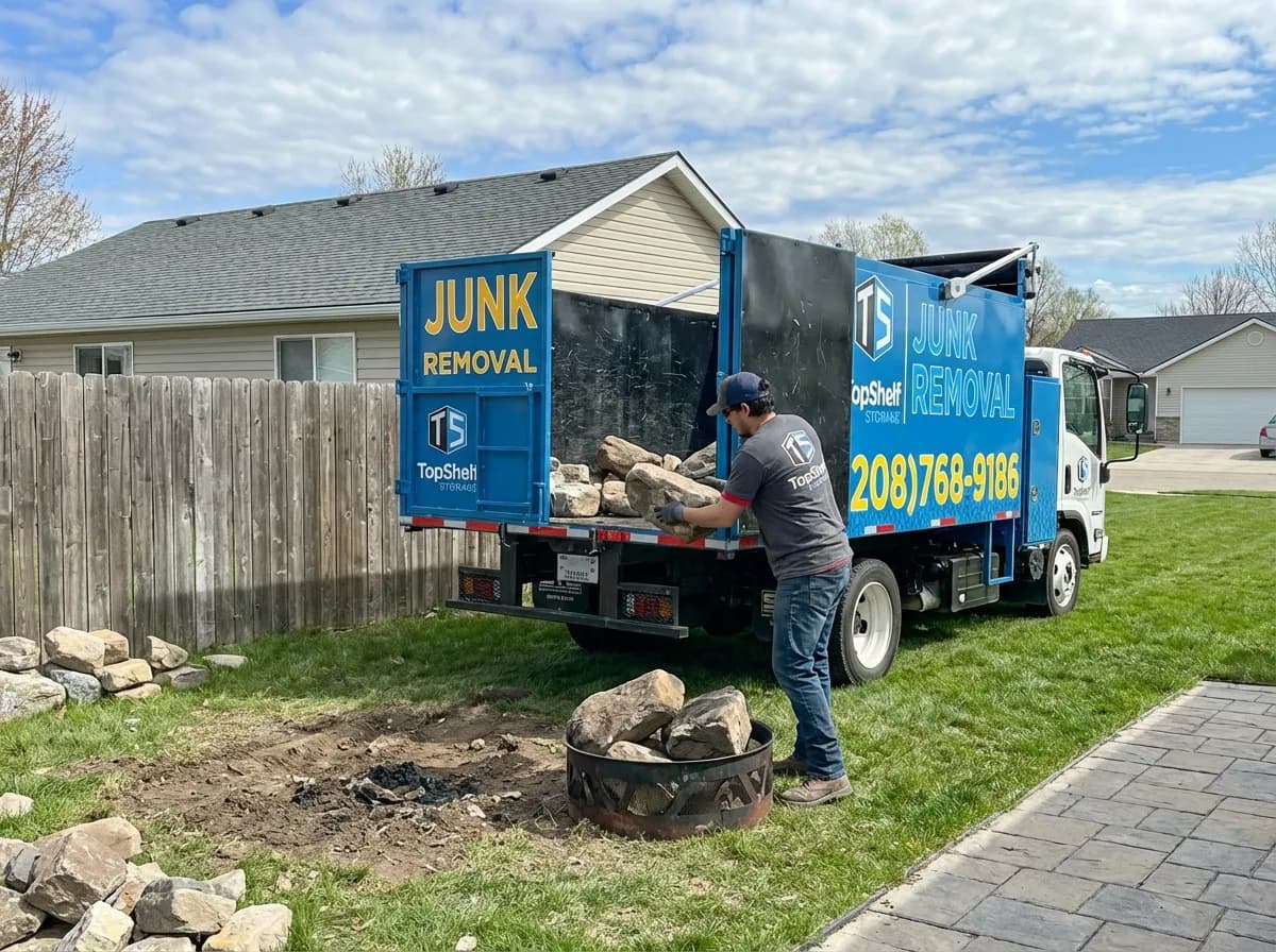 Top Shelf crew member loading a fire pit into the junk removal truck in Meridian Idaho