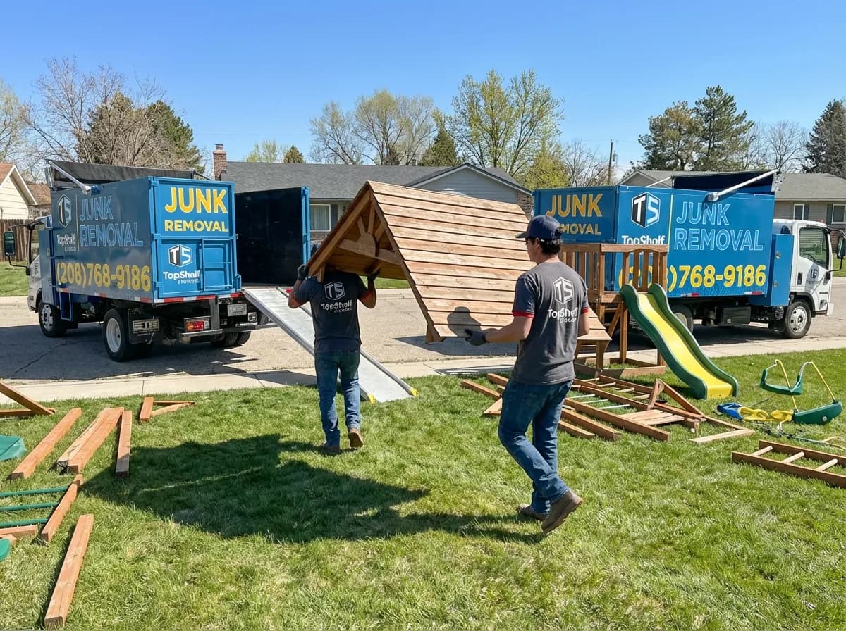 Top Shelf crew member loading playset pieces into the junk removal truck in Middleton Idaho