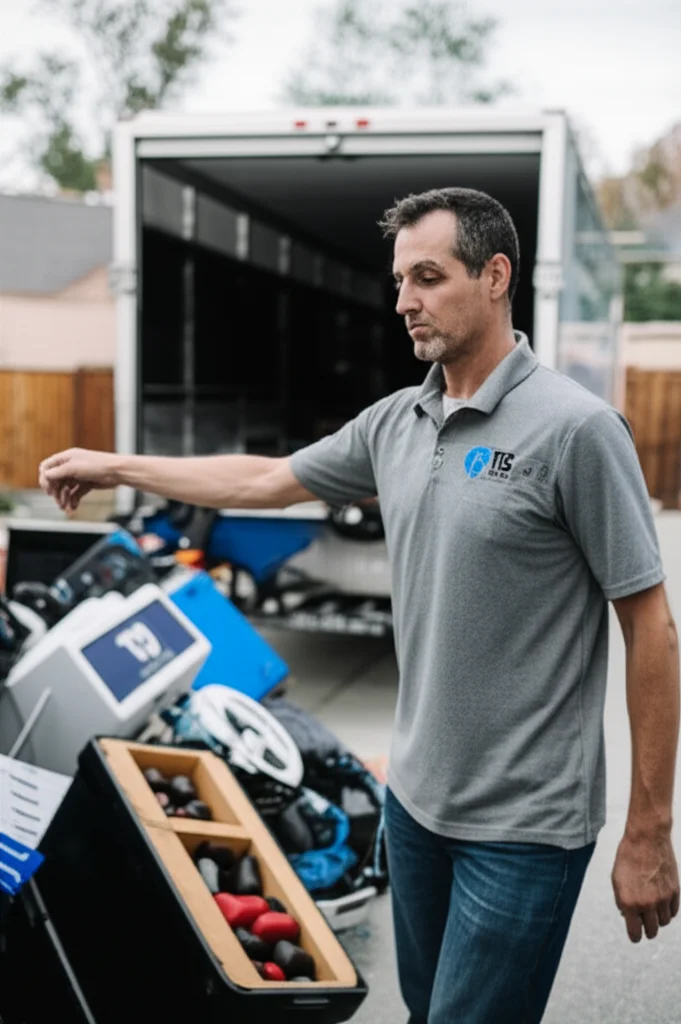 Professional crew removing sporting equipment like pool table and trampoline from a Boise Idaho home