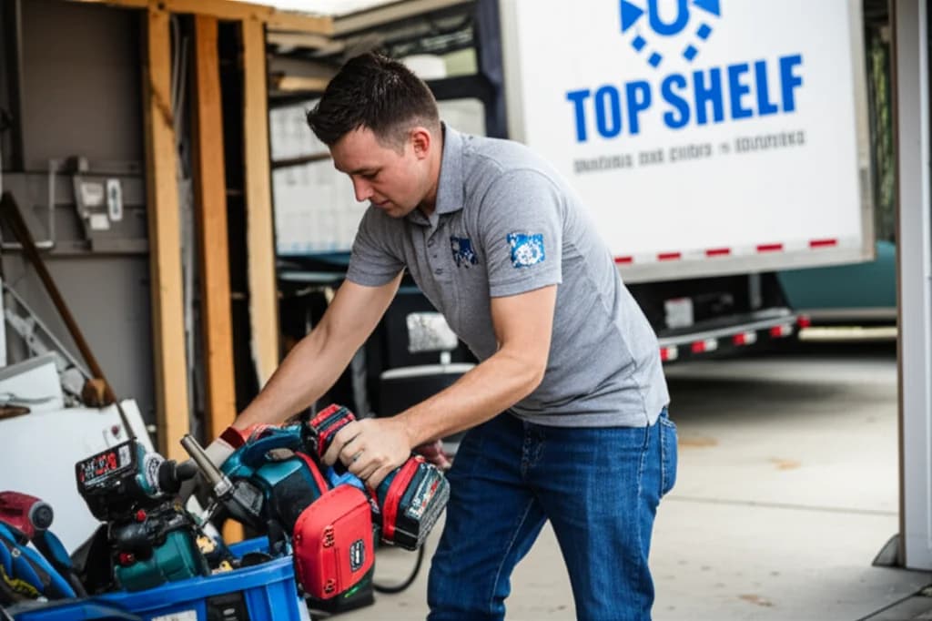 Professional crew removing old power tools and workshop equipment from a garage in Boise Idaho