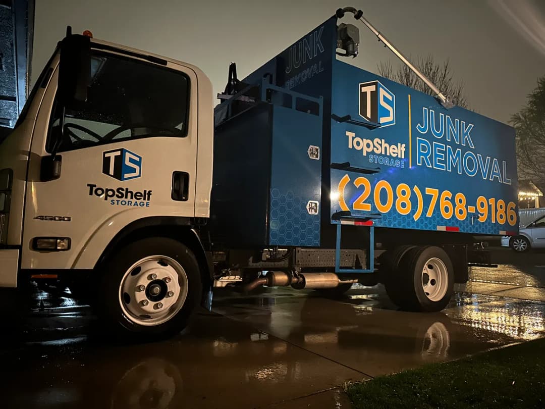 Top Shelf junk removal truck on site for an evening drywall debris pickup in Meridian Idaho